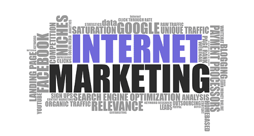Online Marketing: Verschiedene Schlagwörter wie Google, Facebook und Search Engine Optimization